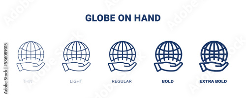 globe on hand icon. Thin, light, regular, bold, black globe on hand, hand icon set from ecology collection. Editable globe on hand symbol can be used web and mobile