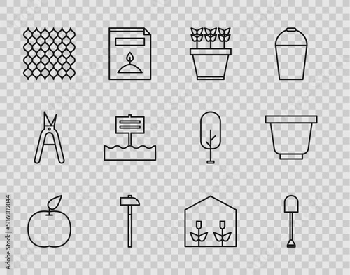 Set line Apple, Shovel, Plants in pot, Hammer, Garden fence wooden, Blank sign board, Home greenhouse and plants and Flower icon. Vector
