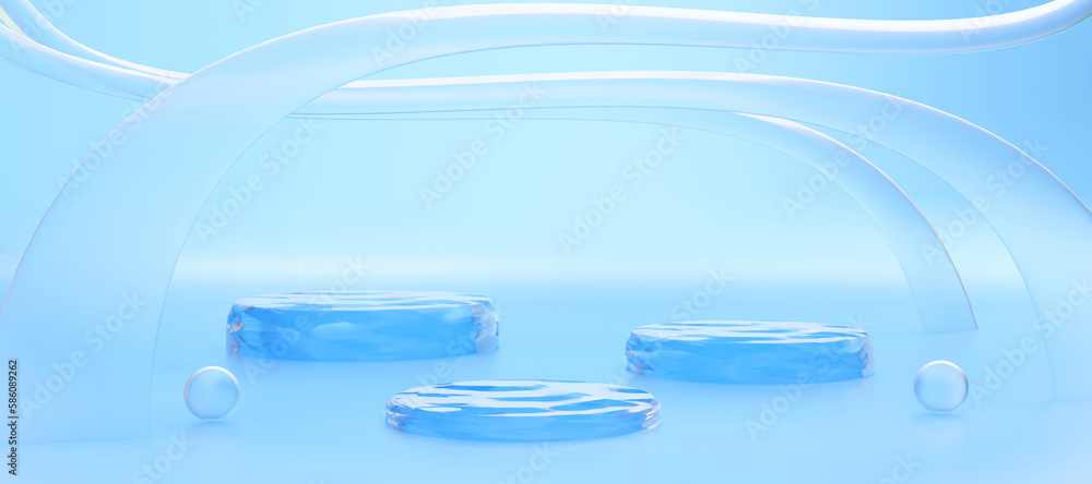 Light Blue cylinder podium with decorative walls. Stand to show products. Modern pedestal display with copy space. Horizontal Banner size. Website cover template. 3D rendering. Light Blue cylinder podium with decorative walls. Stand to show products. Modern pedestal display with copy space. Horizontal Banner size. Website cover template. 3D rendering.