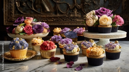 Beautiful Luxury Vanilla Cup Cakes with Golden Leaf, Flowers,  Decorations on Moody backdrop Background AI Generative