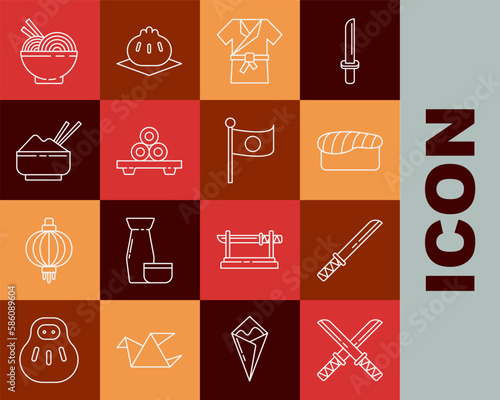 Set line Traditional Japanese katana, Sushi, costume Kimono, cutting board, Rice bowl with chopstick, Asian noodles and chopsticks and National flag of pole icon. Vector
