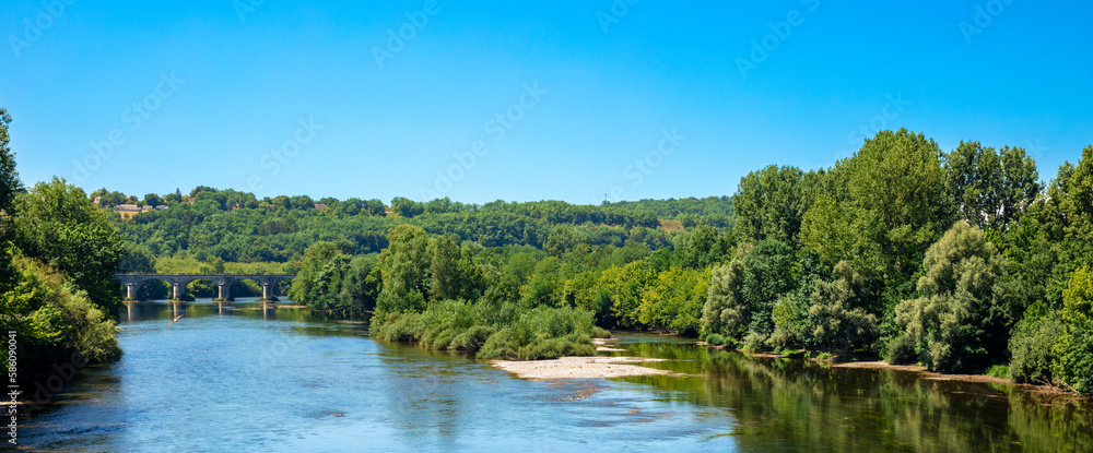 Panorama view of Dordogne river and landscape in France Panorama view of Dordogne river and landscape in France