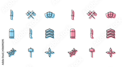 Set line Japanese ninja shuriken, Battle hammer, Military knife, rank, Cartridges and Crossed medieval axes icon. Vector
