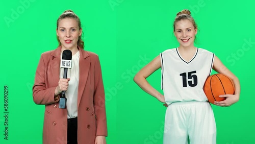 Young woman actor in the role of a basketball player and a reporter on a video collage, split screen. photo