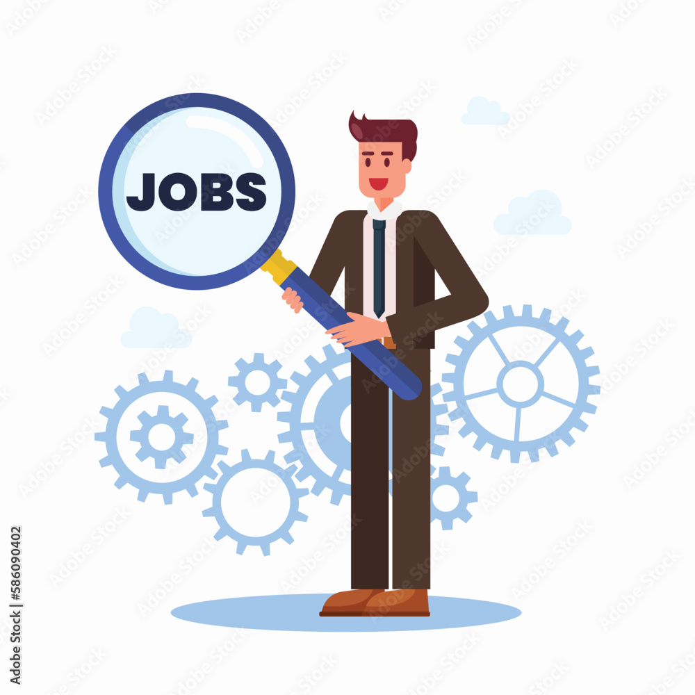 Businessman is holding magnifying glass to finding new job Businessman is holding magnifying glass to finding new job