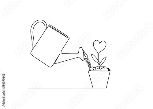 Take care of love. A watering can pours water on a flower in the shape of a heart. Continuous line drawing