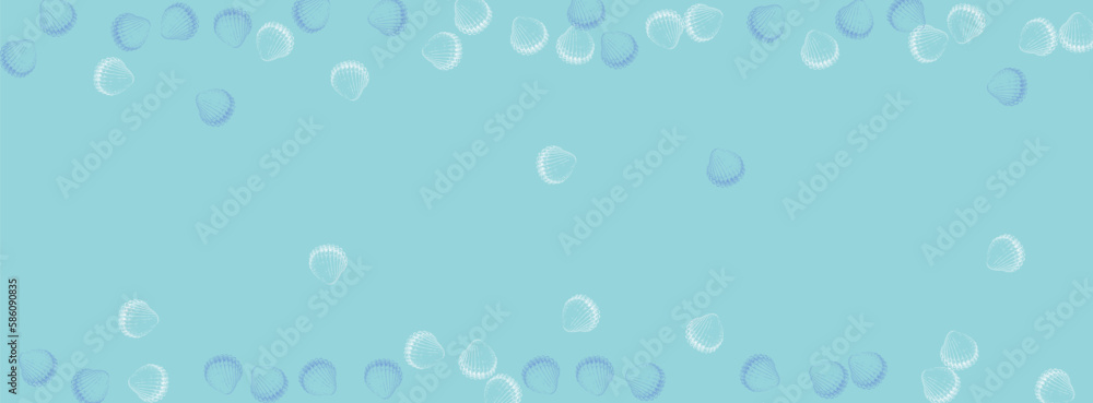 Ultramarine Shell Background Blue Vector. Clam Drawn Wallpaper. Whimsical Set. White Shellfish Exotic Pattern.