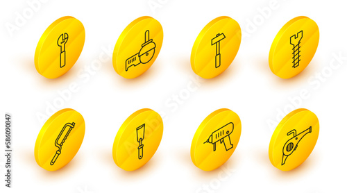 Set line Leaf garden blower, Electric drill machine, Putty knife, Hacksaw, Metallic screw, Hammer, Angle grinder and Adjustable wrench icon. Vector