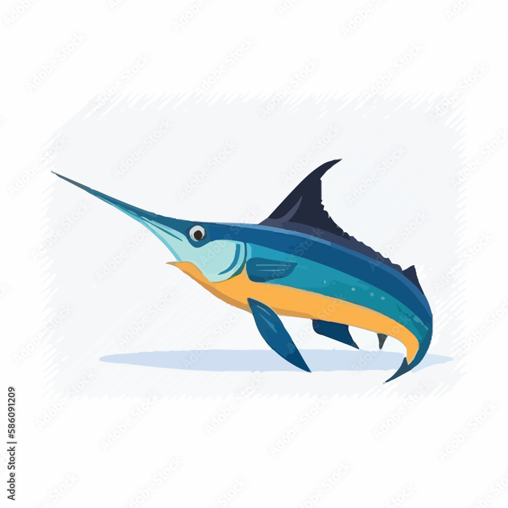 Swordfish in pelagic zone. Underwater fish and sea creatures in natural habitat. Flat vector
