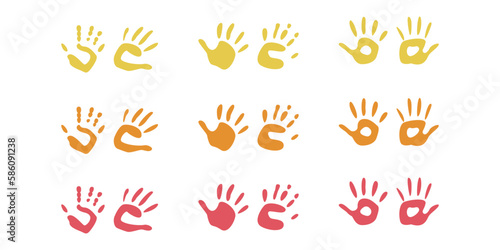 Flat vector painting tools in childish style. Hand drawn hand print, palm silhouette