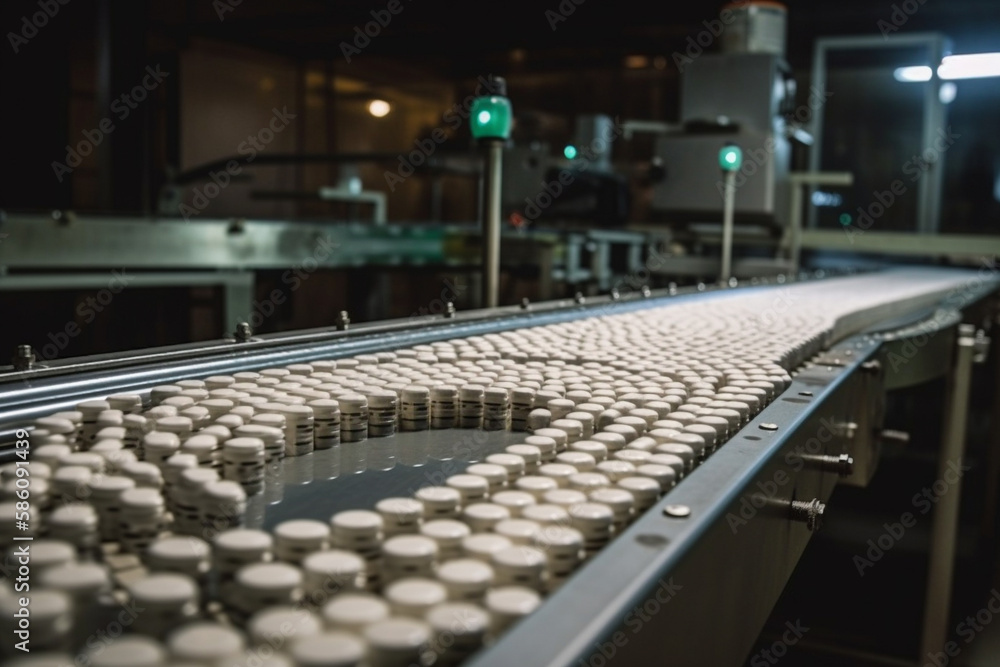 Fototapeta premium Pharmaceutical facility, where pills and medicine are moving along a conveyor belt. Ai generated