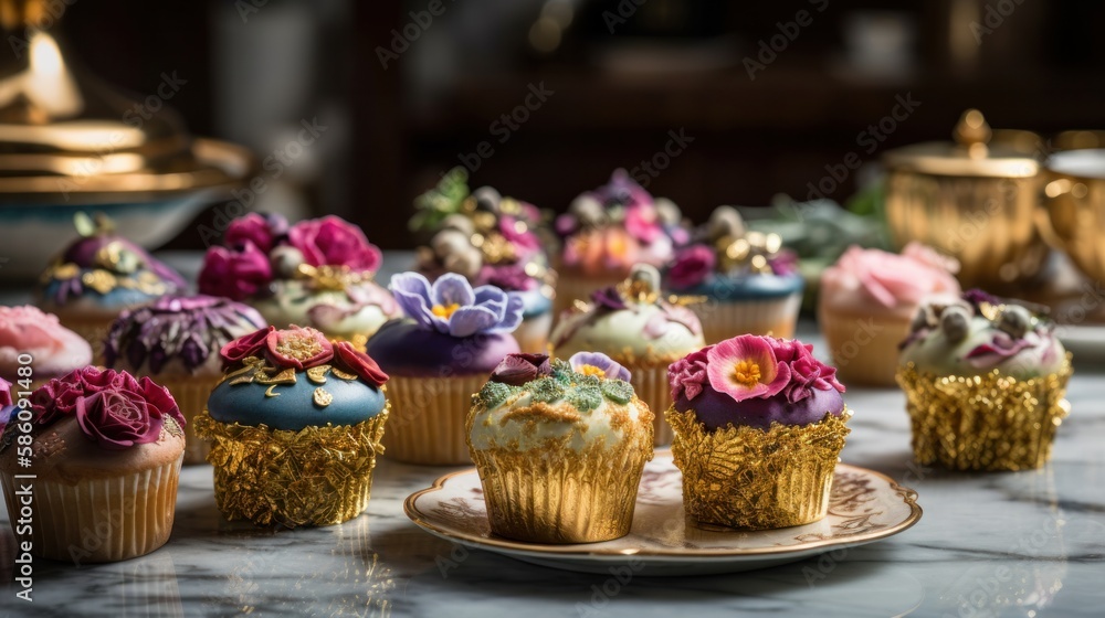 Beautiful Luxury Vanilla Cup Cakes with Golden Leaf, Flowers,  Decorations on Moody backdrop Background AI Generative