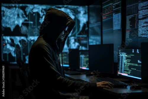 Hacker dressed in a hoodie, sitting in a dark room surrounded by monitors, coding malicious software. Ai generated © twindesigner