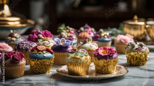 Beautiful Luxury Vanilla Cup Cakes with Golden Leaf, Flowers, Decorations on Moody backdrop Background AI Generative