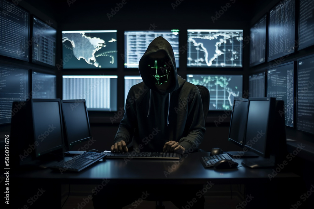 Hacker dressed in a hoodie, sitting in a dark room surrounded by monitors, coding malicious software. Ai generated Hacker dressed in a hoodie, sitting in a dark room surrounded by monitors, coding malicious software. Ai generated