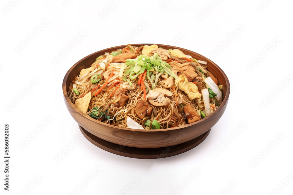 Asian food, yakisoba noodles isolated on white background. Created with Generative AI Technology Asian food, yakisoba noodles isolated on white background. Created with Generative AI Technology