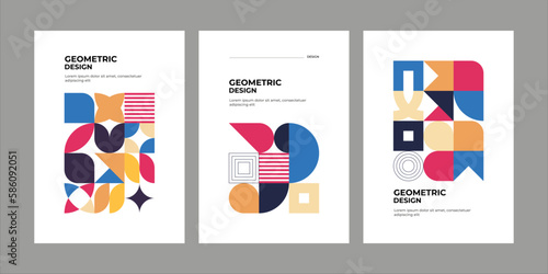 Color neo geo poster. Modern grid flyer with geometric shapes, geometry graphics and abstract background vector set. Geometry grid pattern banner vivid presentation illustration
