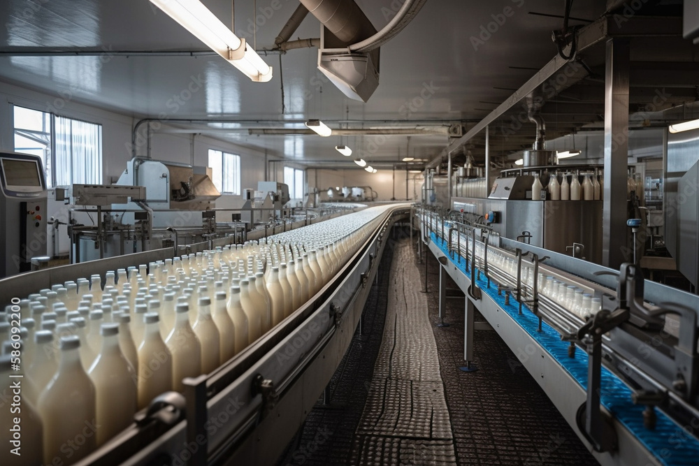 Scene from a milk factory, where milk bottles are moving along a