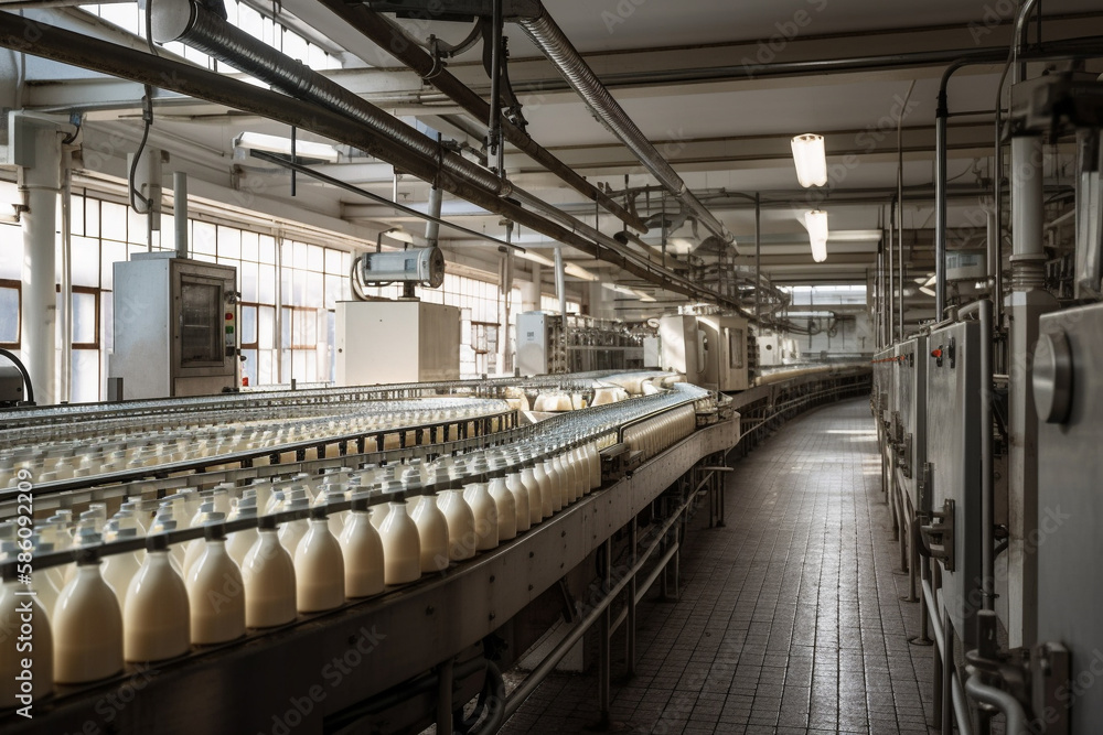 Scene from a milk factory, where milk bottles are moving along a