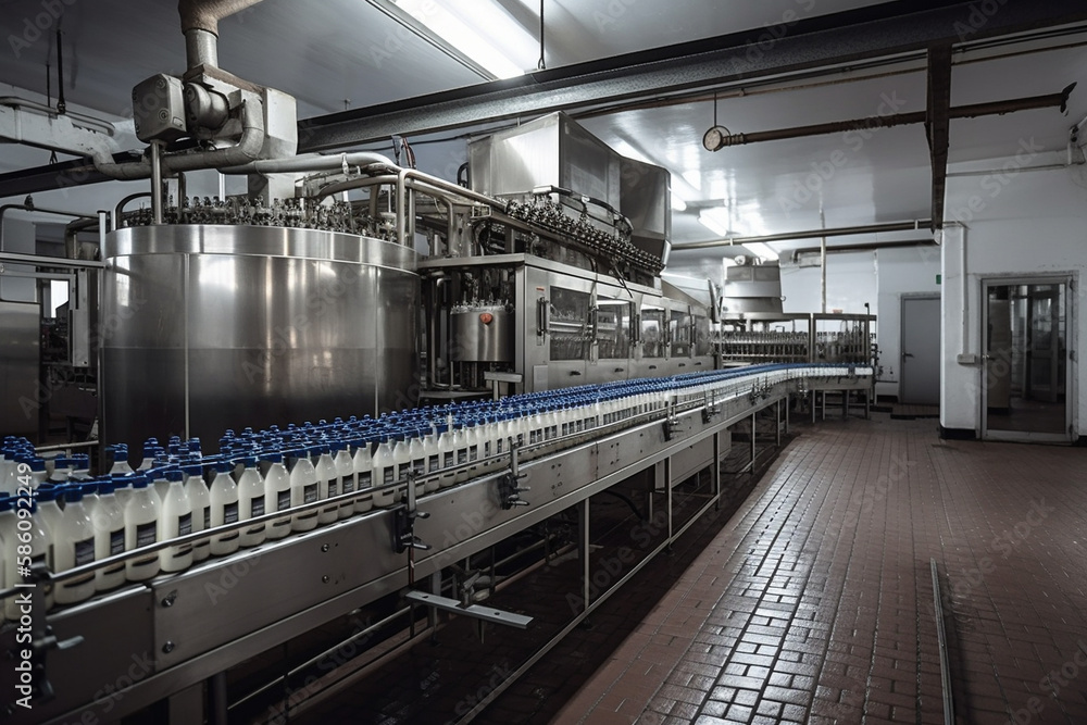 Scene from a milk factory, where milk bottles are moving along a