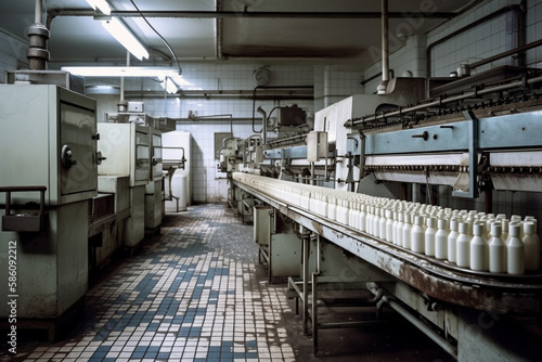 Scene from a milk factory, where milk bottles are moving along a conveyor belt. Ai generated