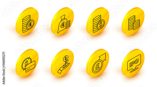 Set line IPO, Financial growth and pound, Dollar plant, Credit card, Coin money with dollar, euro symbol and icon. Vector
