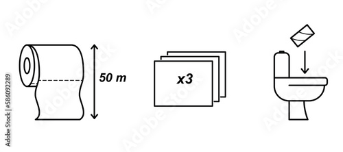 Toilet paper packaging icons collection - roll length, number of layers and flushable roll. Vector illustration isolated on a white background