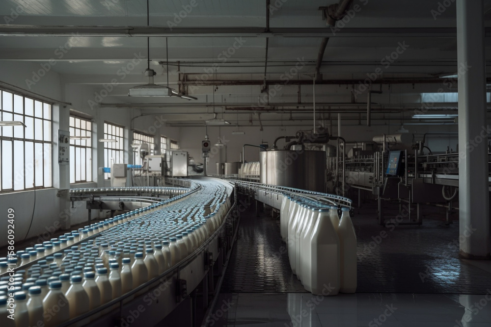 Scene from a milk factory, where milk bottles are moving along a