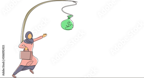 Single continuous line drawing oblivious Arabic businesswoman chasing bag of money. Artwork illustration depicts foolishness, stupidity, unawareness, decoy. One line graphic design vector illustration © Simple Line