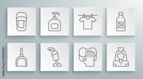 Set line Dustpan, Bottle of liquid soap, Vacuum cleaner, Cleaning service, lady, Drying clothes, for cleaning agent and Bucket with rag icon. Vector