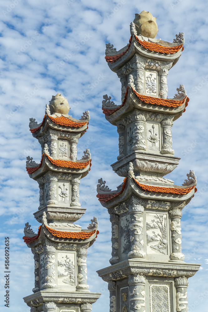 Ornate carved stonework on the towers of a temple at D Nang in Vietnam