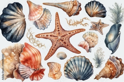 Illustration of seashells and starfish in a watercolor painting created with Generative AI technology