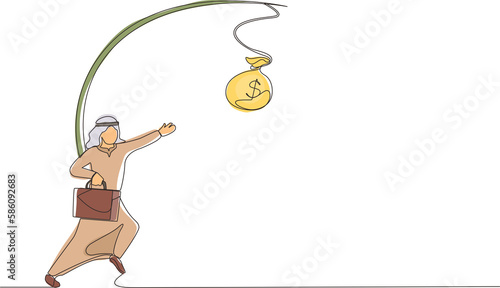 Single one line drawing oblivious Arabian businessman chasing bag of money. Artwork illustration depicts foolishness, stupidity, unawareness, decoy. Continuous line design graphic vector illustration