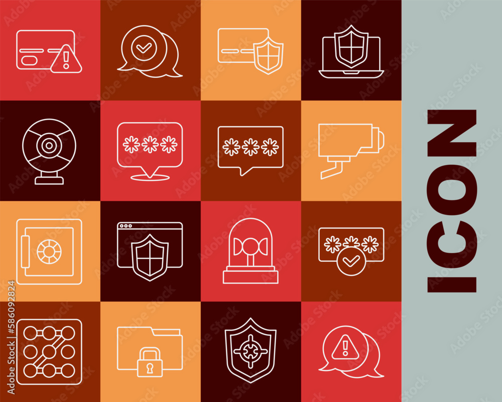 Set line Exclamation mark in triangle, Password protection, Security camera, Credit card with shield, and icon. Vector Set line Exclamation mark in triangle, Password protection, Security camera, Credit card with shield, and icon. Vector