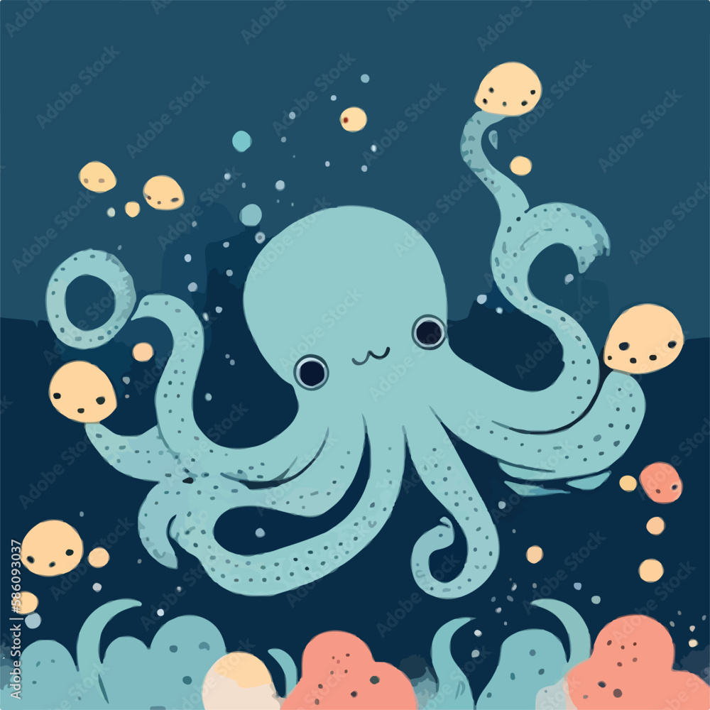 Octopus with tentacles in ocean. Underwater fish and sea creatures in natural habitat. Flat vector illustration concept Octopus with tentacles in ocean. Underwater fish and sea creatures in natural habitat. Flat vector illustration concept