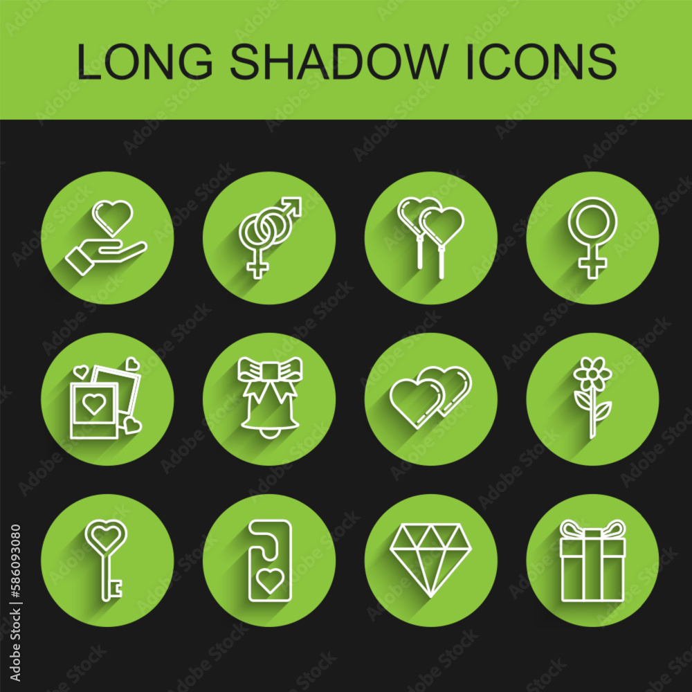 Set line Key in heart shape, Please do not disturb with, Heart on hand, Diamond, Gift box, Ringing bell, Flower and Two Linked Hearts icon. Vector Set line Key in heart shape, Please do not disturb with, Heart on hand, Diamond, Gift box, Ringing bell, Flower and Two Linked Hearts icon. Vector
