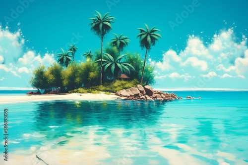Exotic paradise, with lush palm trees, pristine white sands, and crystal-clear turquoise waters. Ai generated