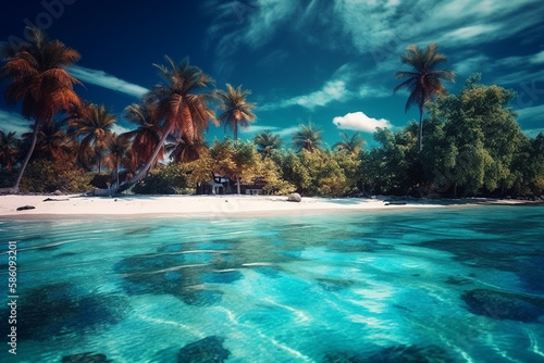 Exotic paradise, with lush palm trees, pristine white sands, and crystal-clear turquoise waters. Ai generated © twindesigner