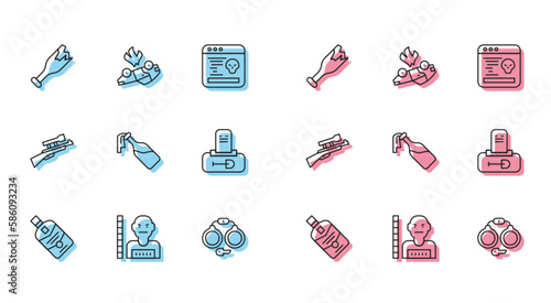 Set line Whiskey bottle, Suspect criminal, Broken as weapon, Handcuffs, Cocktail molotov, Grave with tombstone, Sniper rifle scope and Burning car icon. Vector