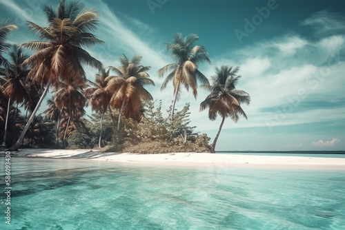 Exotic paradise  with lush palm trees  pristine white sands  and crystal-clear turquoise waters. Ai generated