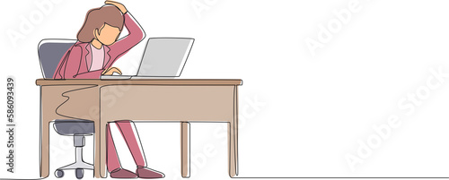 Single continuous line drawing female manager working on computer laptop. Woman with question mark over head scratches back of her head sitting in front of laptop. One line draw graphic design vector