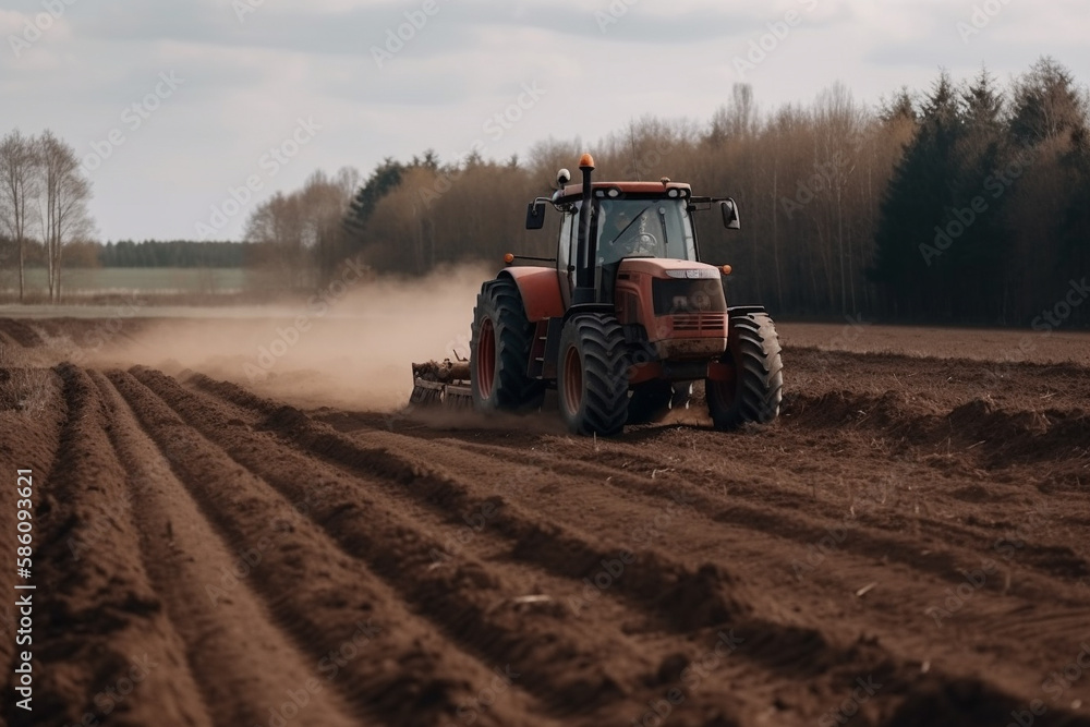 Tractor driving across large field making special beds for sowing seeds into purified soil. Agricultural vehicle works in the countryside. Ai generated Tractor driving across large field making special beds for sowing seeds into purified soil. Agricultural vehicle works in the countryside. Ai generated