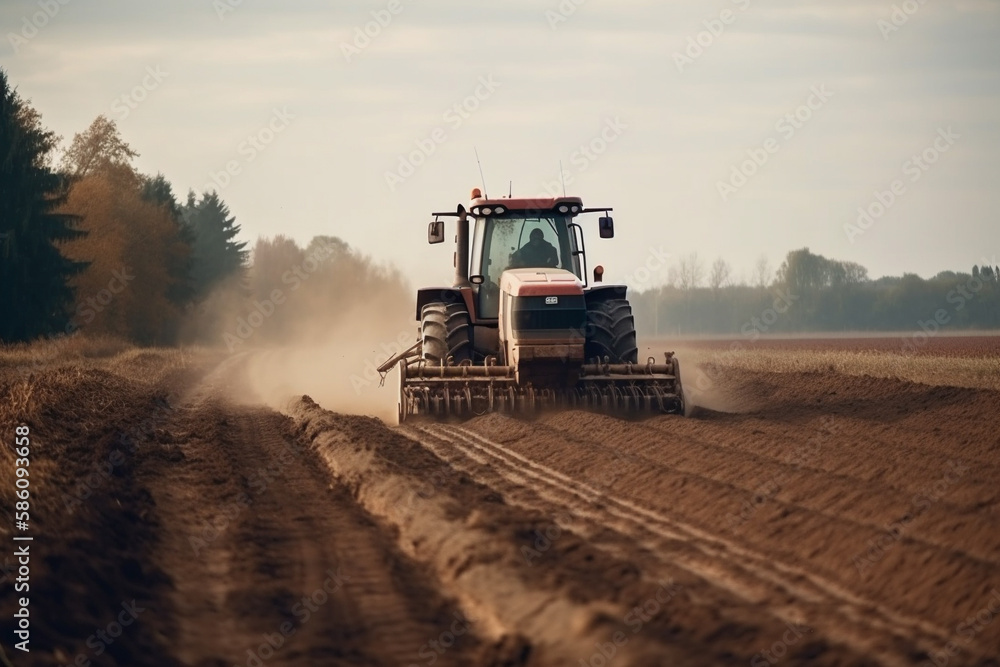 Fototapeta premium Tractor driving across large field making special beds for sowing seeds into purified soil. Agricultural vehicle works in the countryside. Ai generated