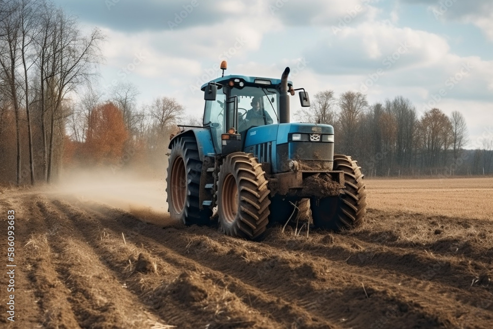Tractor driving across large field making special beds for sowing seeds into purified soil. Agricultural vehicle works in the countryside. Ai generated Tractor driving across large field making special beds for sowing seeds into purified soil. Agricultural vehicle works in the countryside. Ai generated