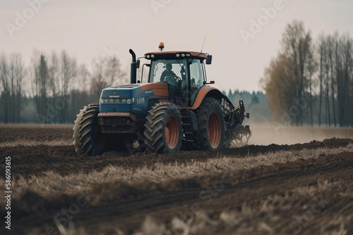 Tractor driving across large field making special beds for sowing seeds into purified soil. Agricultural vehicle works in the countryside. Ai generated