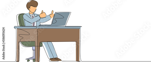 Single continuous line drawing businessman giving good sign in front of computer. Male manager in suit operating PC while doing thumbs-up sign. Happy employee concept. One line graphic design vector