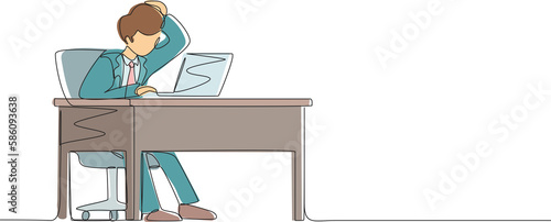 Continuous one line drawing male manager working on computer laptop. Businessman with question mark over head scratches back of his head sitting in front of laptop. Single line design vector graphic