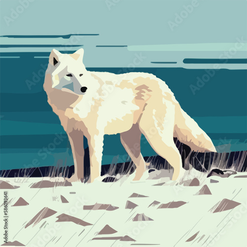 Arctic wolf in snowy tundra. Arctic birds in natural habitat. Flat vector illustration concept. Generative AI