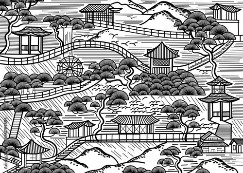 Chinese forest with gazebos and stairs. japanese landscape graphics with houses, pagodas, bridges, stairs, waterfall. black and white graphic illustration, engraving.Coloring.
