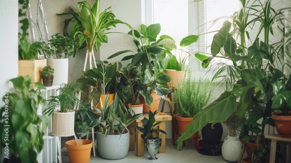 Wooden shelf with different plants on top, home jungle Wooden shelf with different plants on top, home jungle